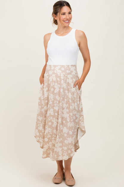 Beige Floral Smocked Waist Round Hem Maternity Maxi Skirt