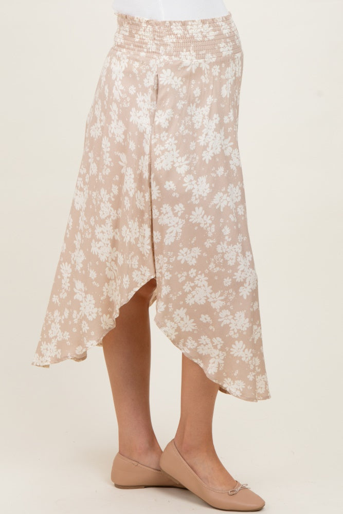 Beige Floral Smocked Waist Round Hem Maternity Maxi Skirt