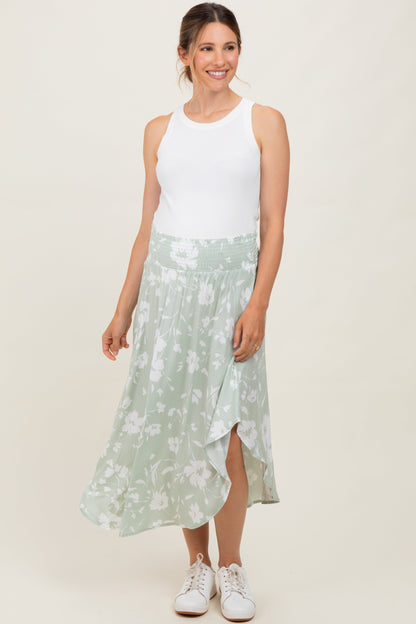 Light Olive Floral Smocked Waist Round Hem Maternity Midi Skirts