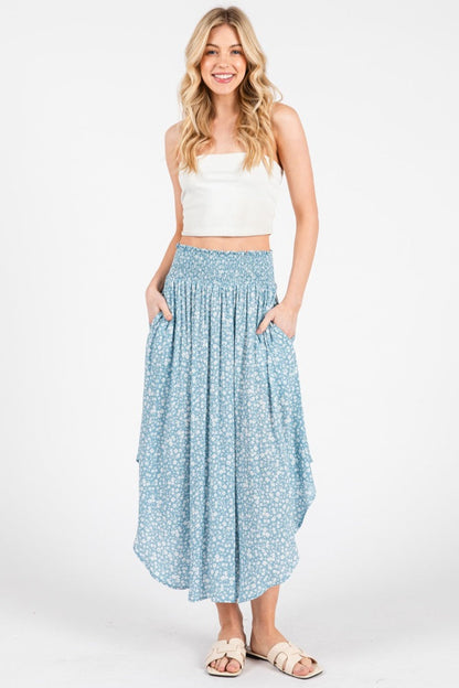 Blue Floral Smocked Waist Round Hem Maternity Midi Skirt