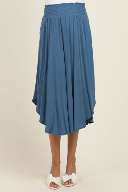 Blue Smocked Waist Rounded Hem Maternity Midi Skirt
