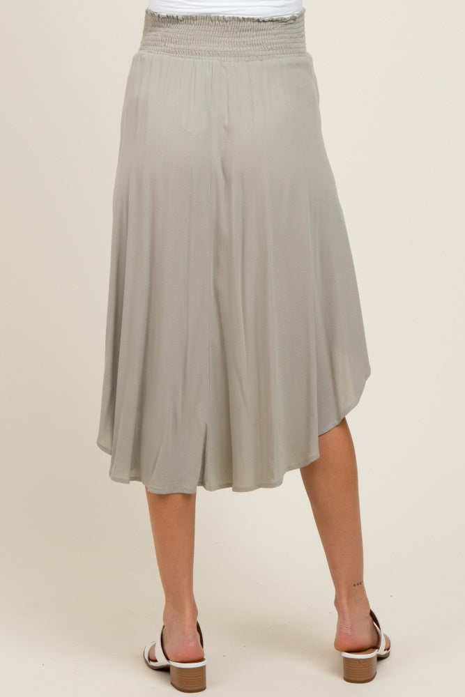 Light Olive Smocked Waist Rounded Hem Maternity Midi Skirt