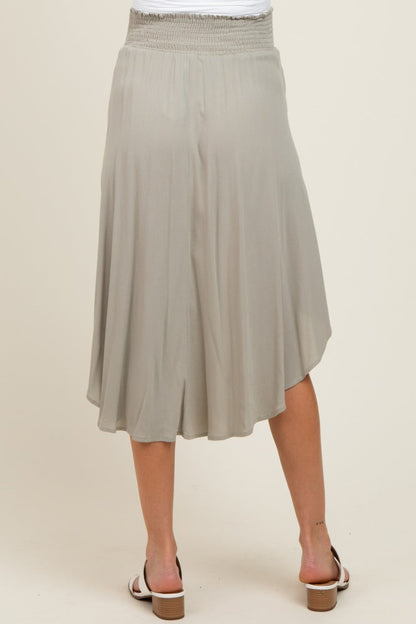 Light Olive Smocked Waist Rounded Hem Maternity Midi Skirt