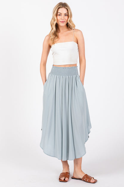 Light Blue Smocked Waist Rounded Hem Maternity Midi Skirt