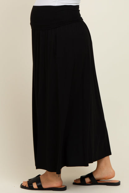 Black Foldover Waist Side Slit Maternity Maxi Skirt