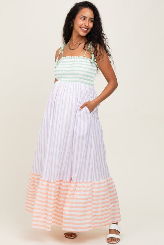 Lavender Multi-Color Striped Color Block Shoulder Tie Maternity Maxi Dress