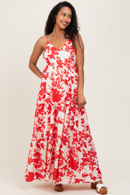 Red Floral Cutout Tie Back Maternity Maxi Dress