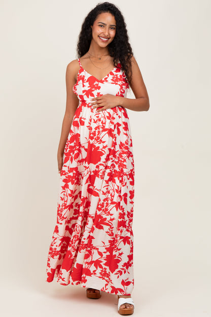 Red Floral Cutout Tie Back Maternity Maxi Dress