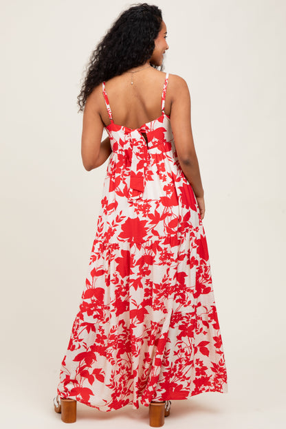 Red Floral Cutout Tie Back Maternity Maxi Dress