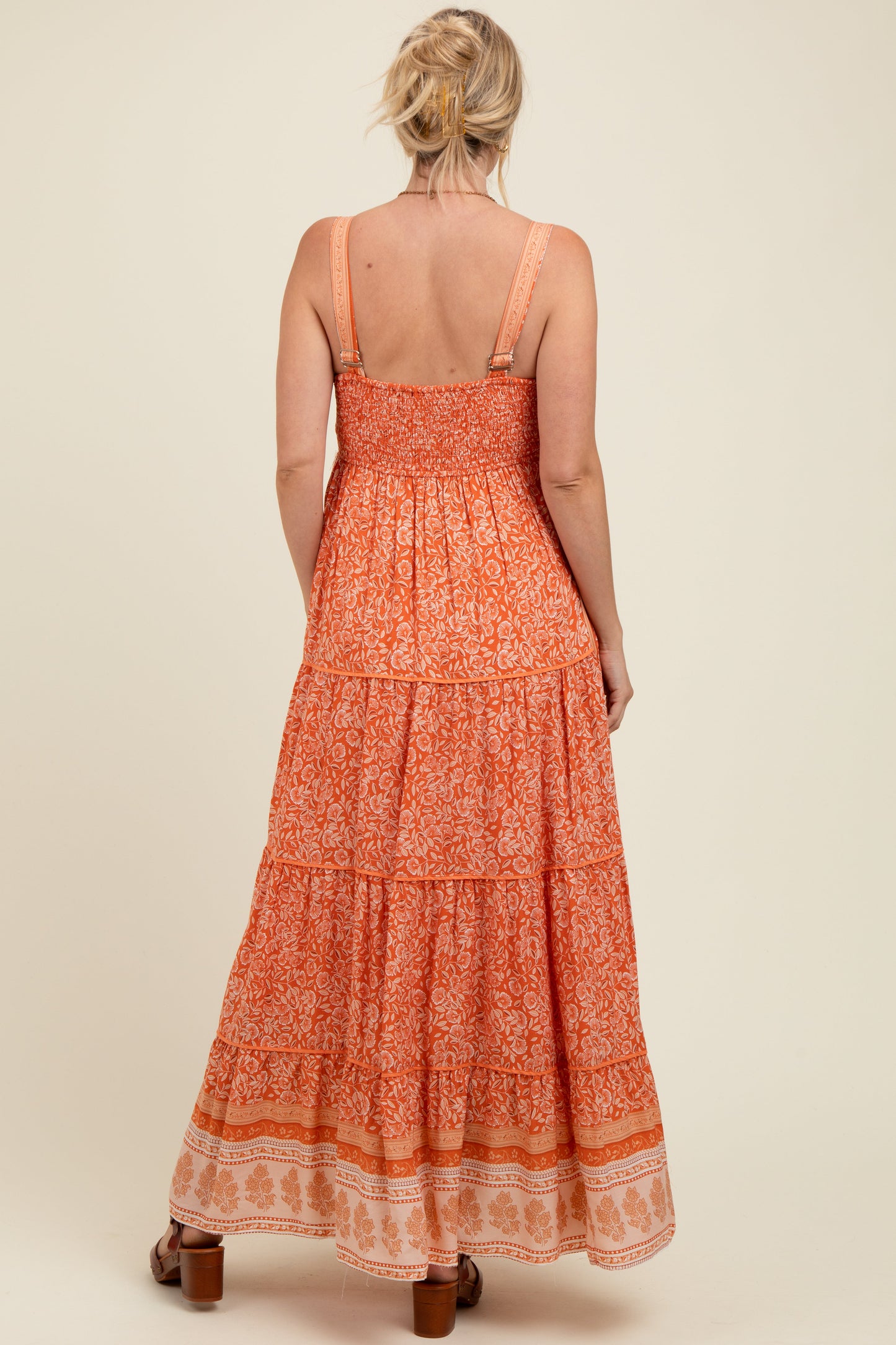 Orange Border Print Sleeveless Maternity Maxi Dress