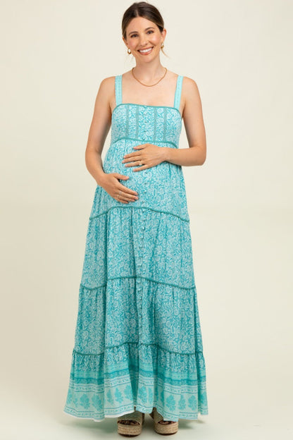 Aqua Border Print Sleeveless Maternity Maxi Dress