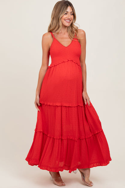 Red Swiss Dot Smocked Sleeveless Maternity Maxi Dress