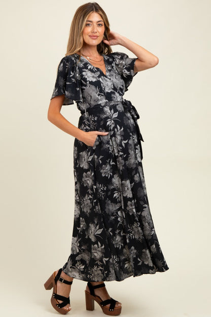 Black Multi Floral Flutter Sleeve Maternity Maxi Dress