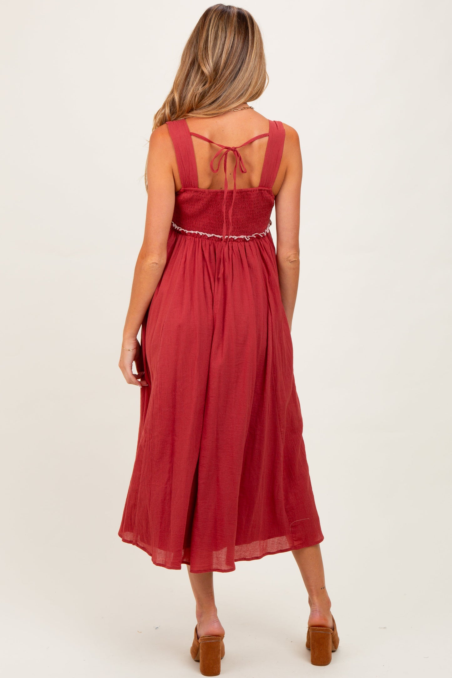 Rust Embroidered Sleeveless Maternity Midi Dress