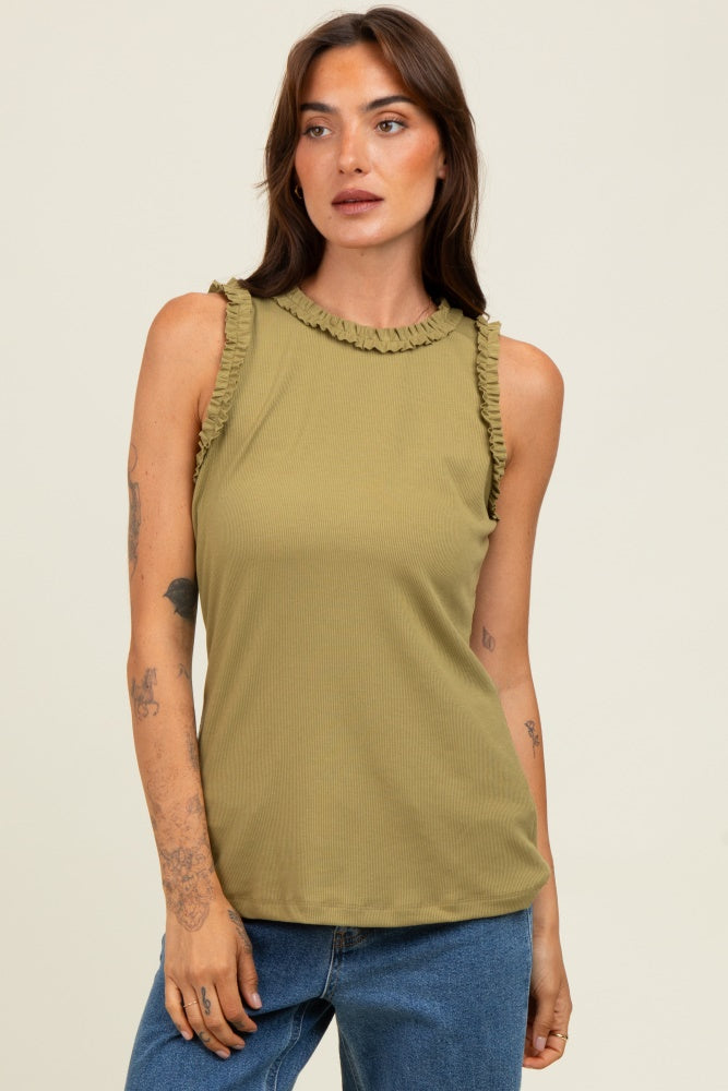 Light Olive Rib Knit Ruffle Trim Sleeveless Maternity Top