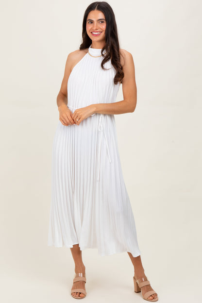 White Pleated Maternity Halter Dress