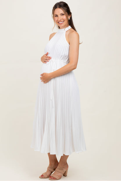 White Pleated Maternity Halter Dress