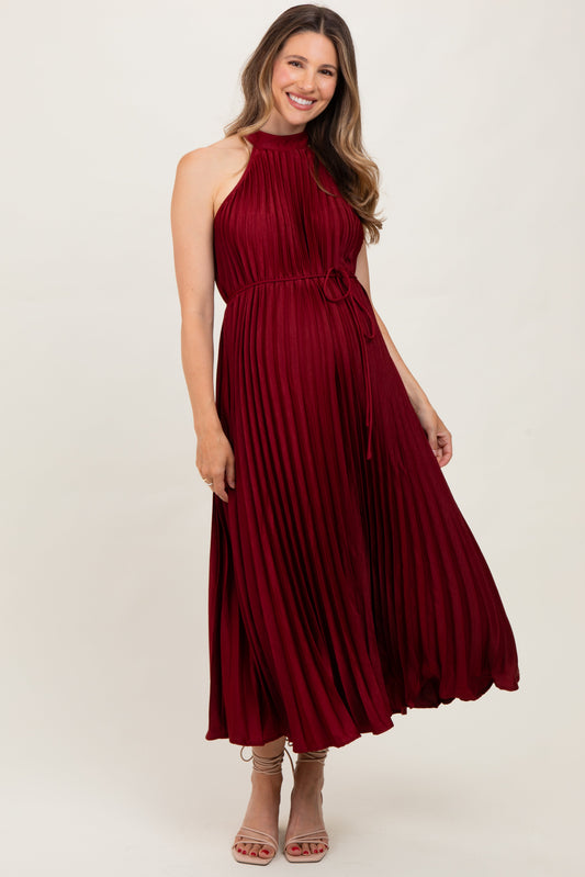 Burgundy Pleated Maternity Halter Dress