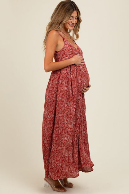Rust Paisley Print Sleeveless Side Slit Maternity Maxi Dress
