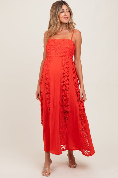 Coral Red Crochet Lace Paneled Maternity Maxi Dress