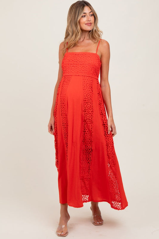 Coral Red Crochet Lace Paneled Maternity Maxi Dress