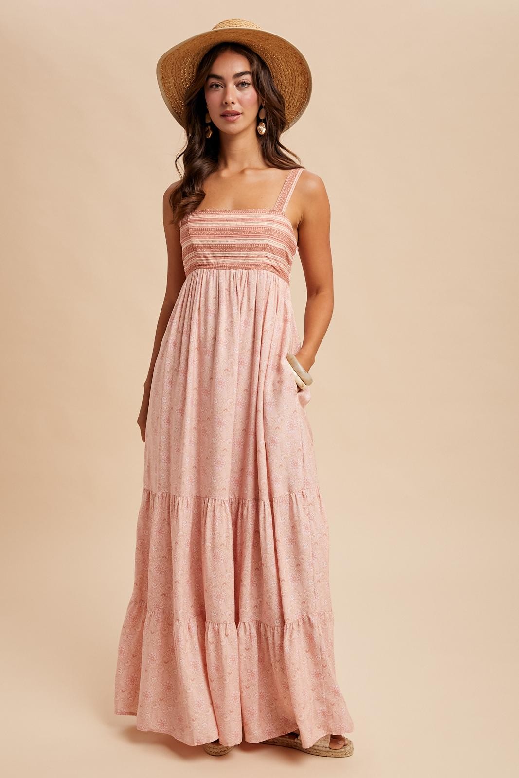 Pink Border Print Sleeveless Maternity Maxi Dress