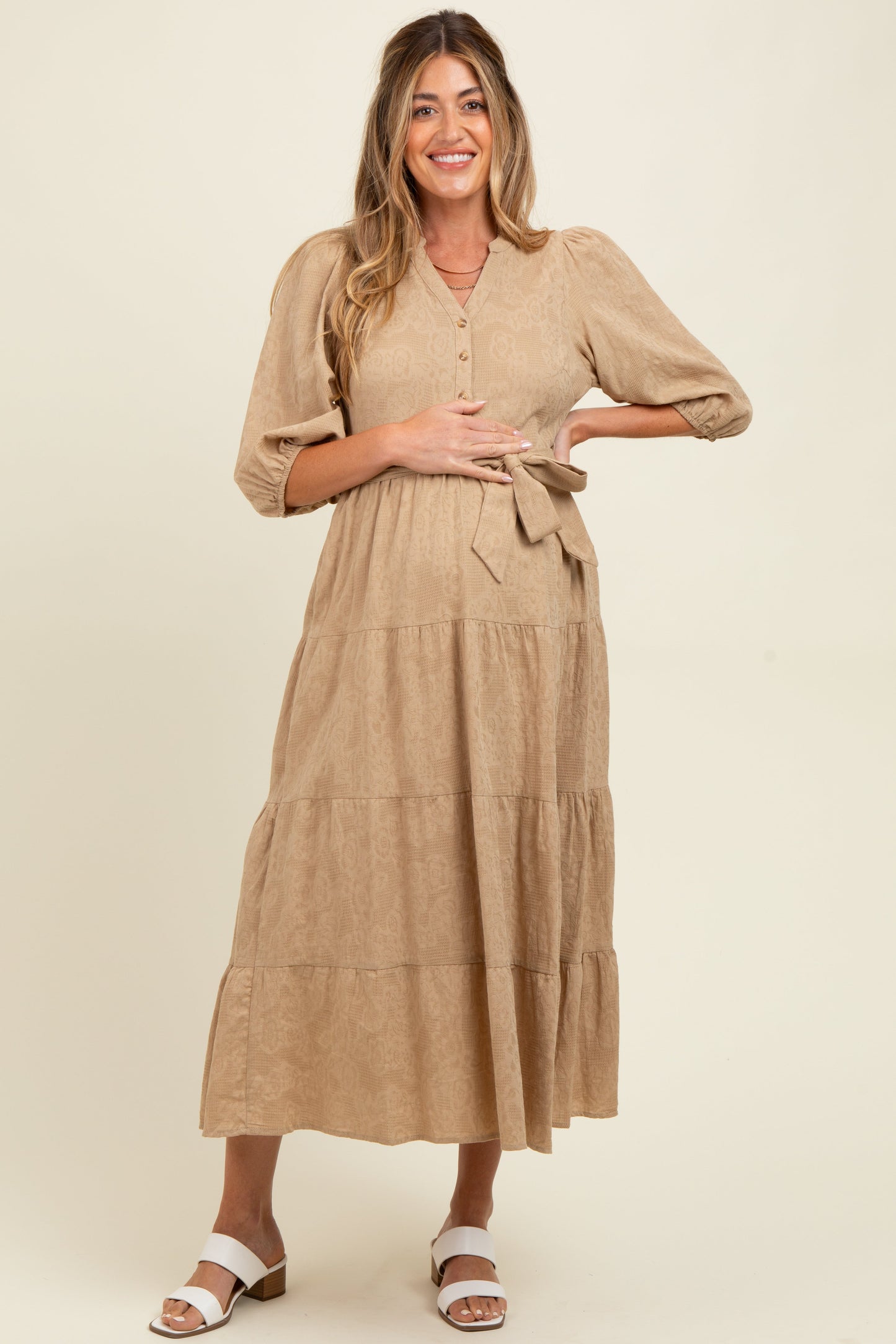 Taupe Floral Jacquard Button Front Tiered Maternity Dress