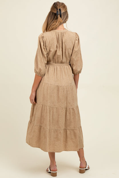 Taupe Floral Jacquard Button Front Tiered Maternity Dress