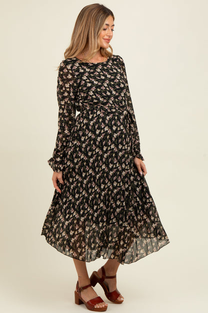 Black Floral Chiffon Long Sleeve Pleated Maternity Midi Dress