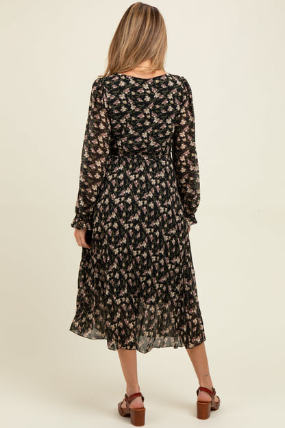 Black Floral Chiffon Long Sleeve Pleated Maternity Midi Dress