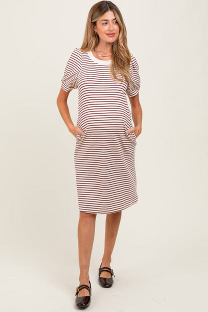 Burgundy Striped Puff Sleeve Maternity Midi T-Shirt Dress