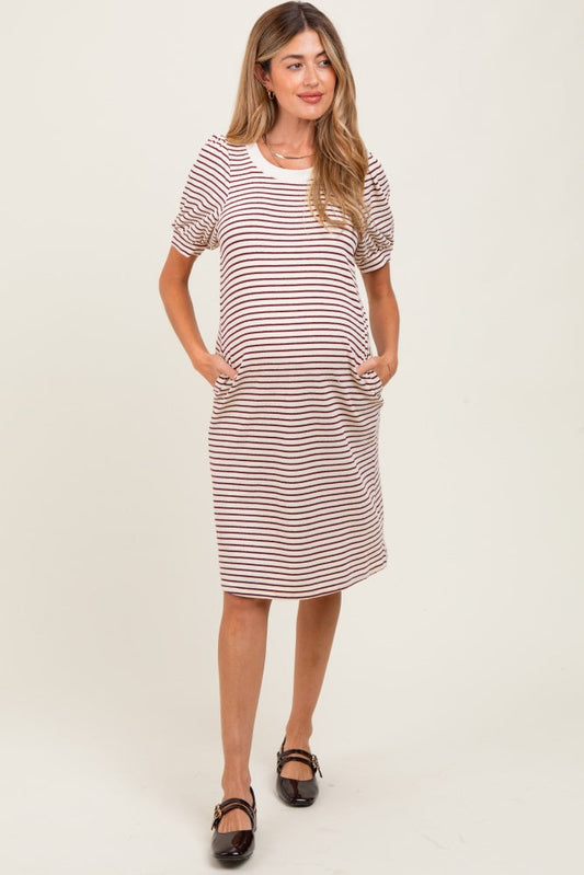 Burgundy Striped Puff Sleeve Maternity Midi T-Shirt Dress