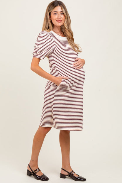 Burgundy Striped Puff Sleeve Maternity Midi T-Shirt Dress