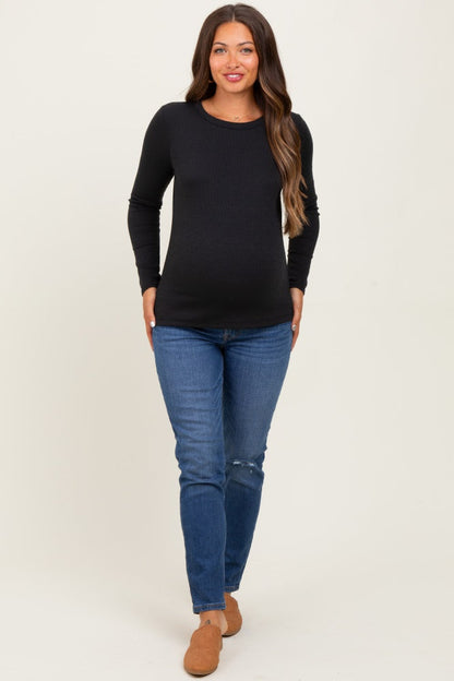Black Ribbed Long Sleeve Maternity Top