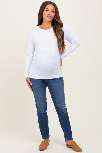 White Ribbed Long Sleeve Maternity Top