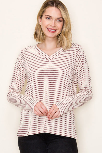 Burgundy Striped V-Neck Maternity Long Sleeve Top