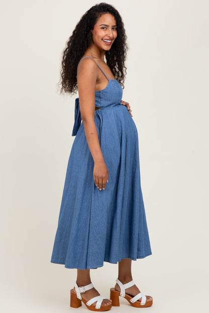 Denim Open Tied Back A-Line Maternity Midi Dress
