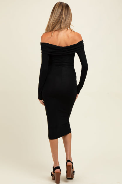 Black Ruched Off Shoulder Maternity Dress