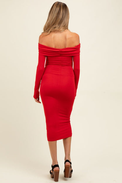 Red Ruched Off Shoulder Maternity Dress