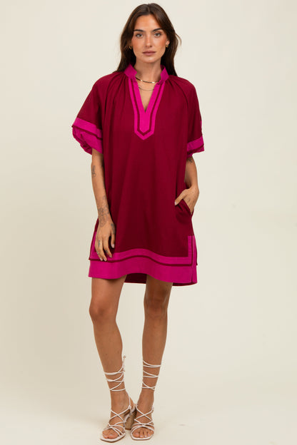 Burgundy Colorblock Border Print Maternity Mini Shift Dress