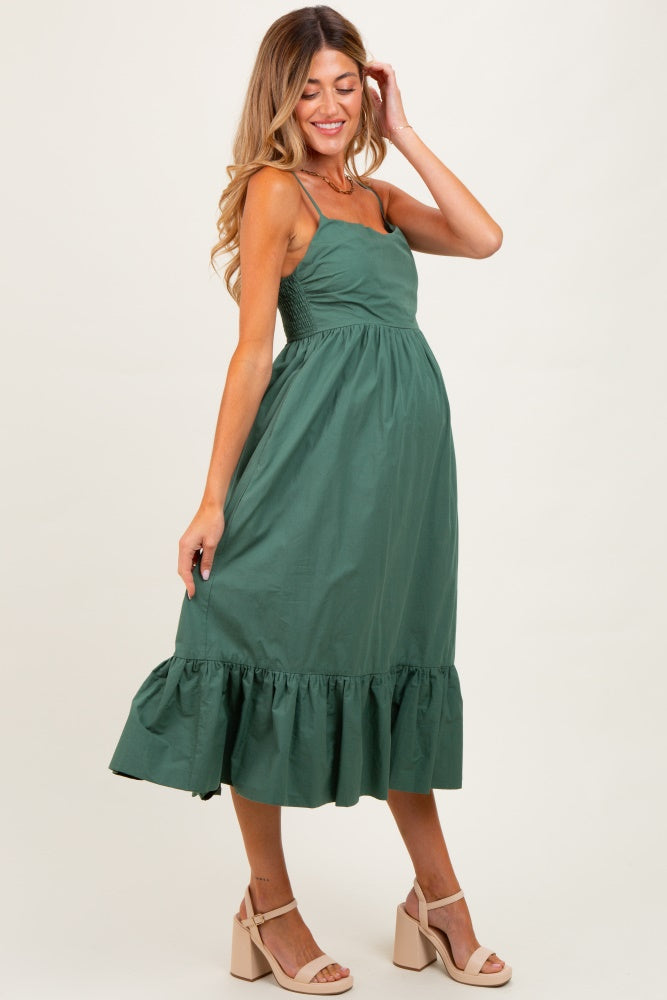 Forest Green Ruffle Hem Sleeveless Maternity Midi Dress
