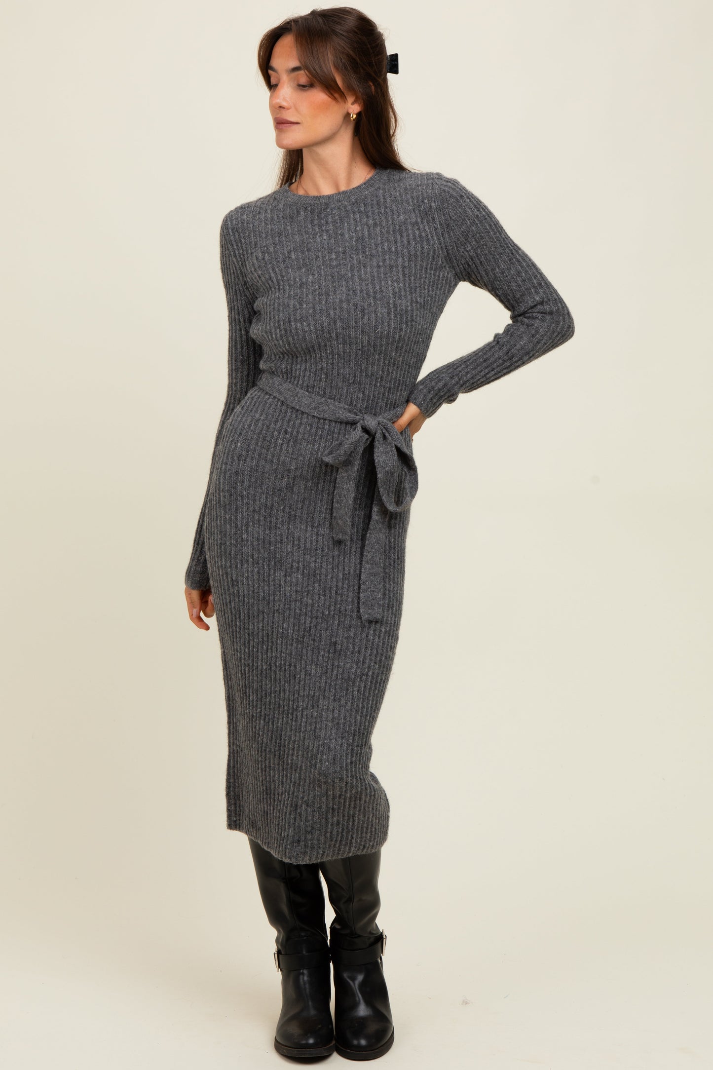 Charcoal Ribbed Tie Waist Maternity Sweater Dress