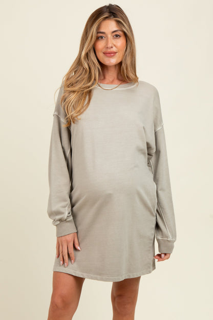 Beige Oversized Long Sleeve Maternity T-Shirt Dress