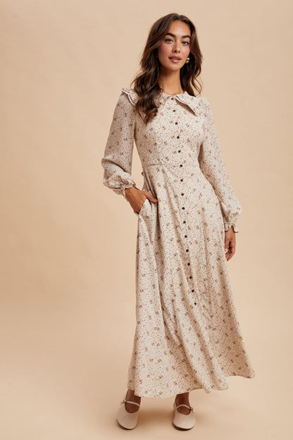 Cream Statement Collar Button Down Maternity Maxi Dress