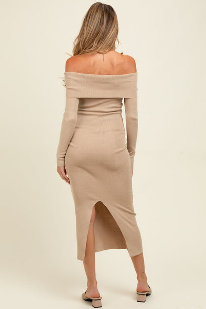 Beige Knit Off Shoulder Long Sleeve Maternity Midi Dress