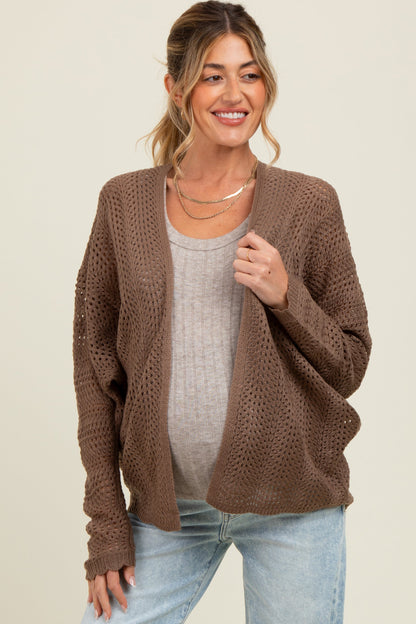Brown Crochet Knit Scallop Detail Open Maternity Cardigan