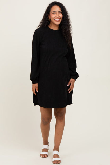 Black Ribbed Mock Neck Bubble Sleeve Maternity Dress