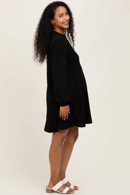 Black Ribbed Mock Neck Bubble Sleeve Maternity Dress