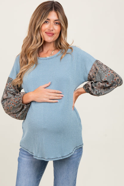 Light Blue Floral Ribbed Colorblock Maternity Long Sleeve