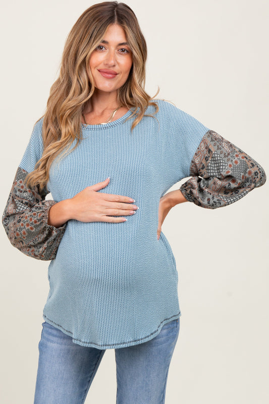 Light Blue Floral Ribbed Colorblock Maternity Long Sleeve